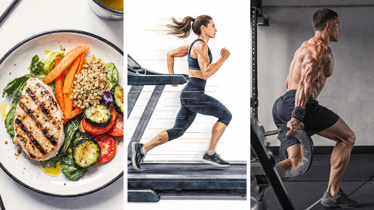 Balanced meal plate beside a person doing HIIT and weightlifting.