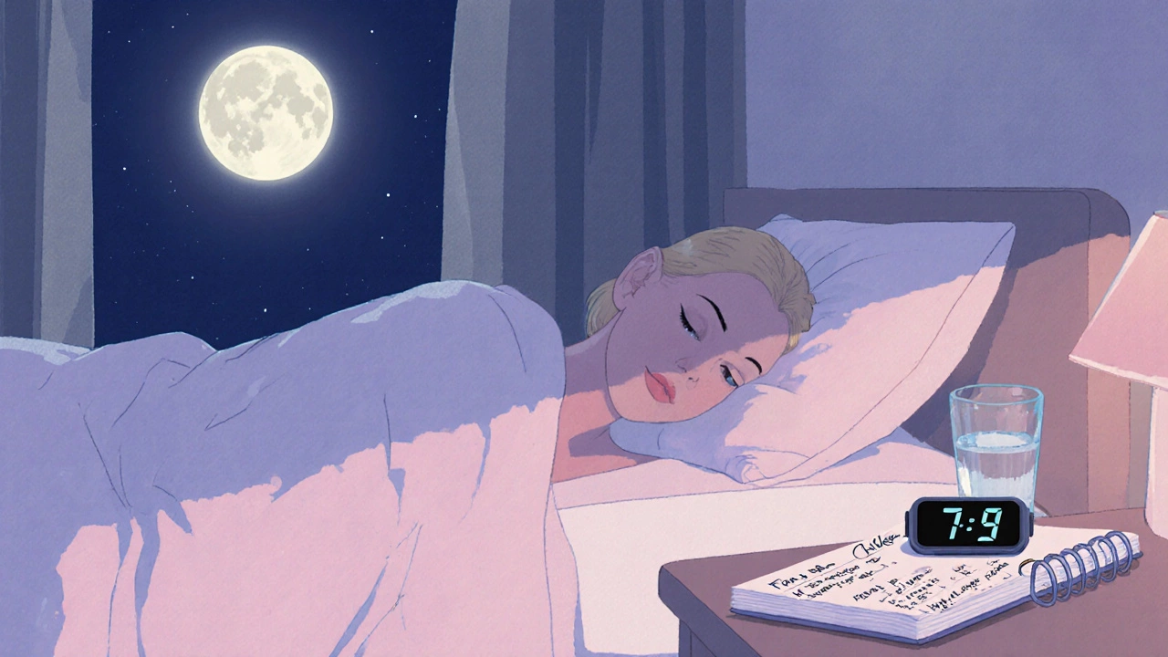 Bedroom at night with person sleeping, water glass, and progress notebook.