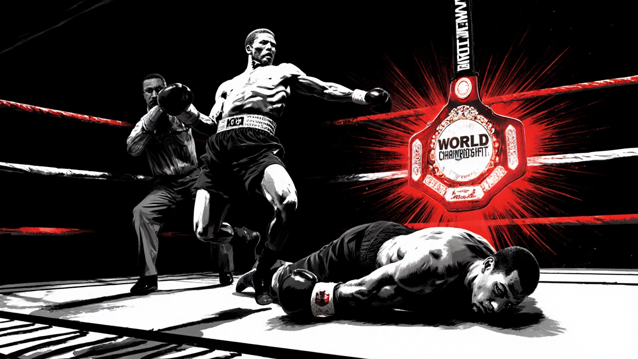 Boxer knocked out in a heavyweight title fight with a championship belt nearby.
