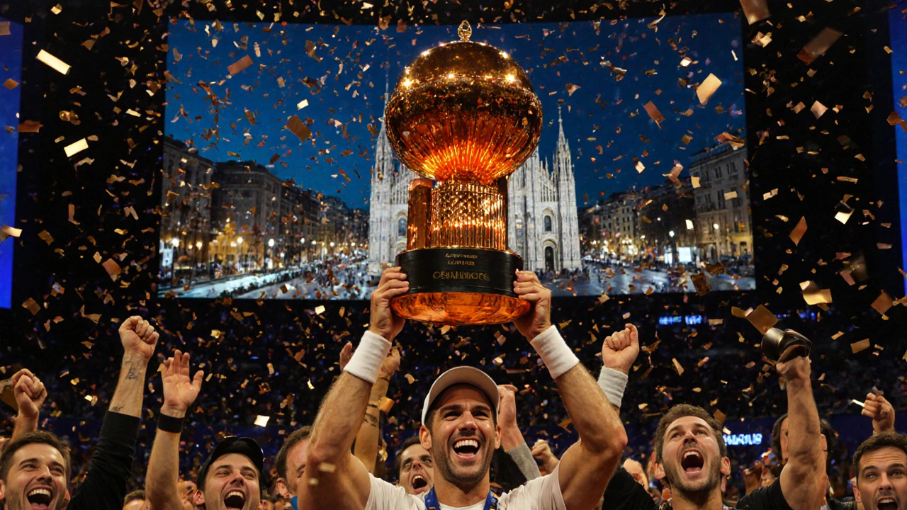 Champion raising the orange trophy on stage, confetti falling, Milan skyline visible behind.