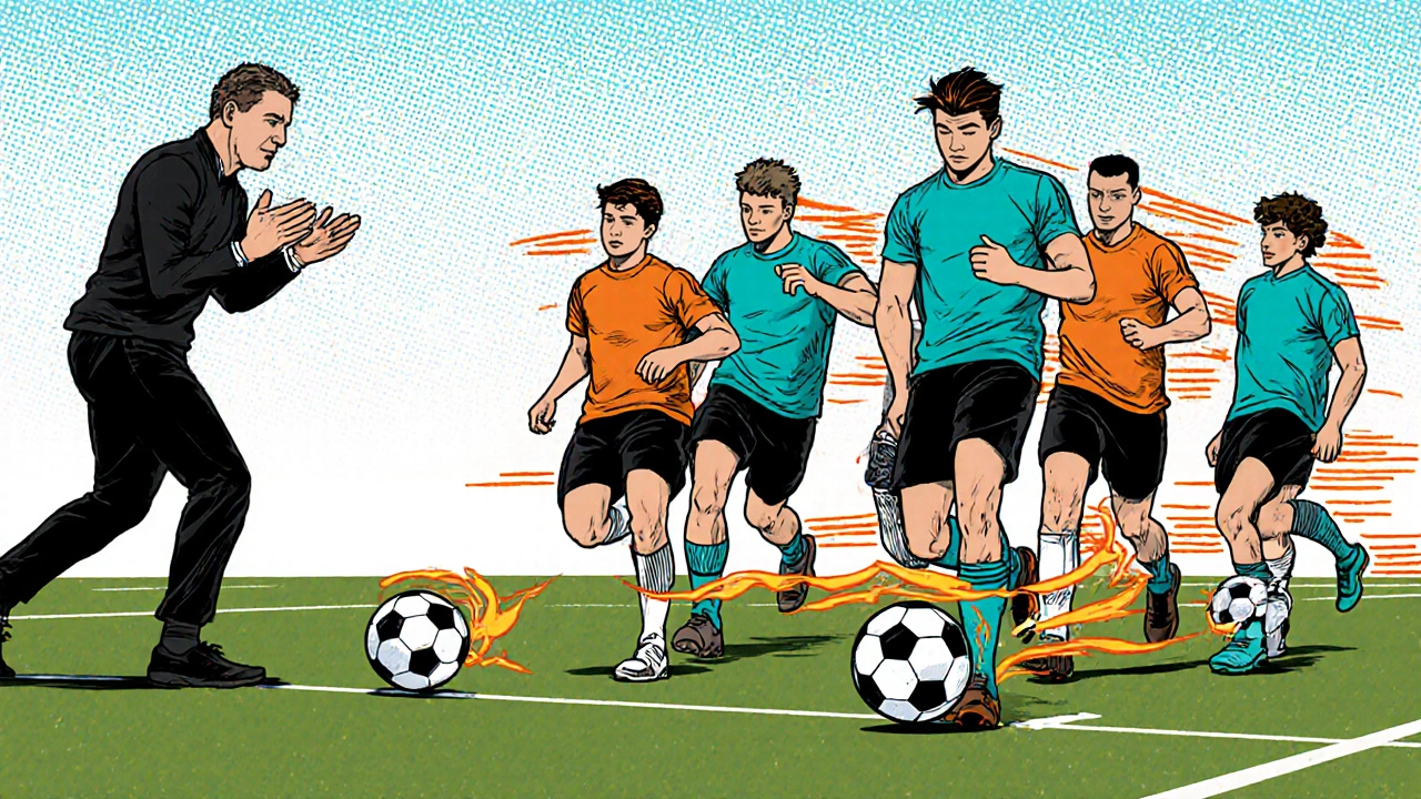 Coach watching players practice a ball‑first tagging drill in a comic‑book style illustration.