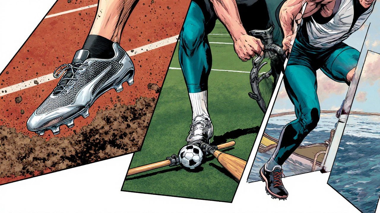 Collage showing spikes, shin guard, weighted vest, compression tights, and niche gear like a cue and harness.
