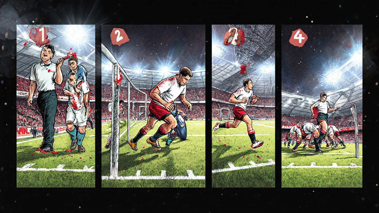 Comic‑style strip shows referee calling blood bin, player exiting, medical treatment, substitute, and return.