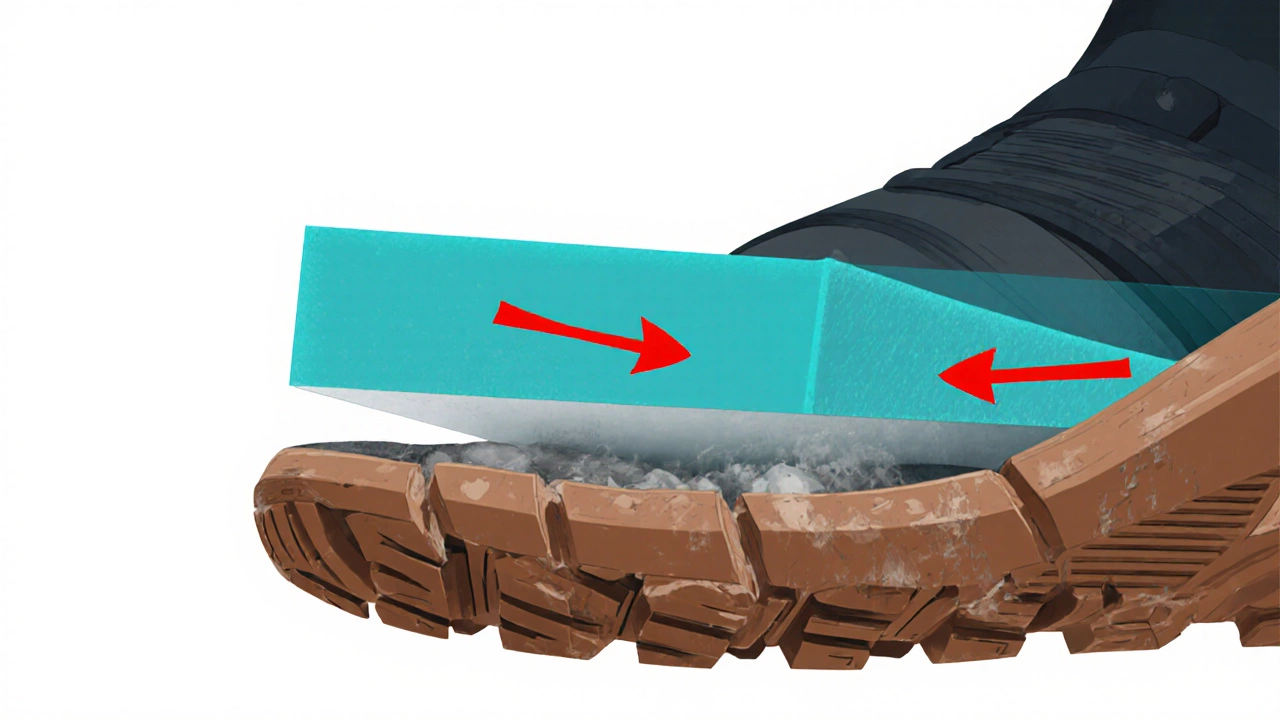 Cross‑section illustration showing foam compression, tread wear, and pressure points.