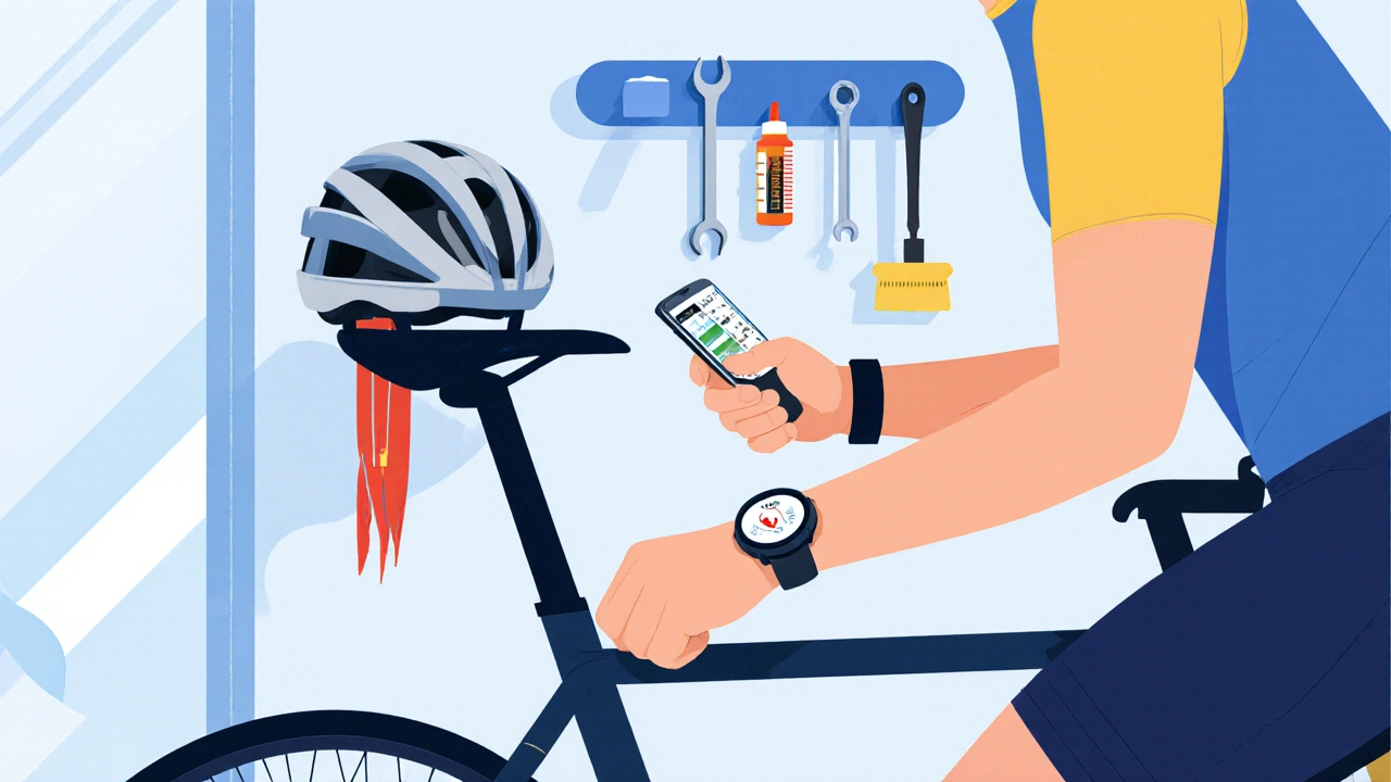 Cyclist checking training data, bike with helmet and heart‑rate monitor in a gym.