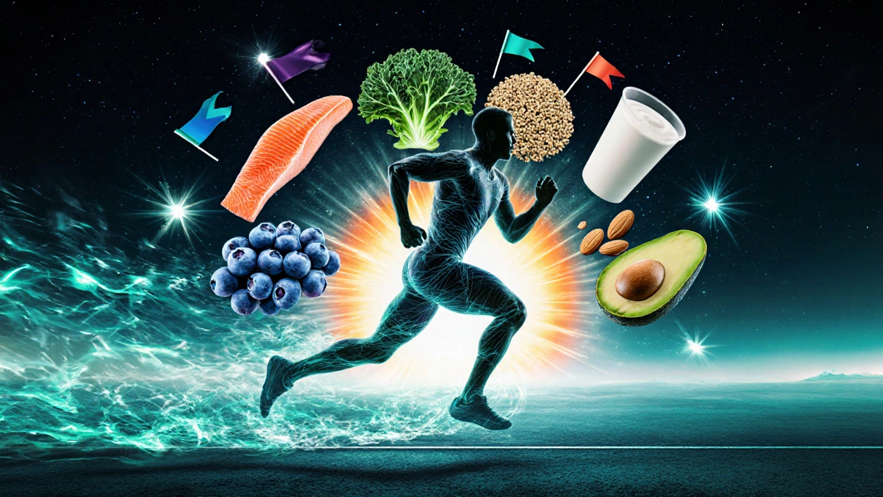 Digital art of a runner leaving a glowing trail made of the seven superfoods.