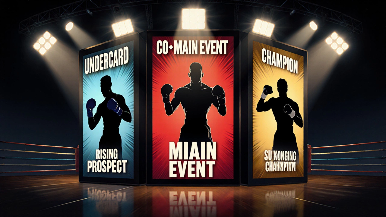 Event card showing undercard, co-main, and main event fighters on a marquee.