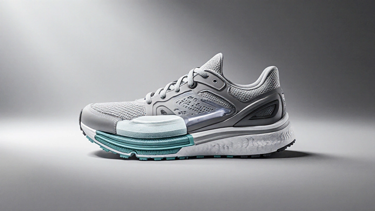 Exploded view of a running shoe revealing midsole, outsole, and mesh layers.