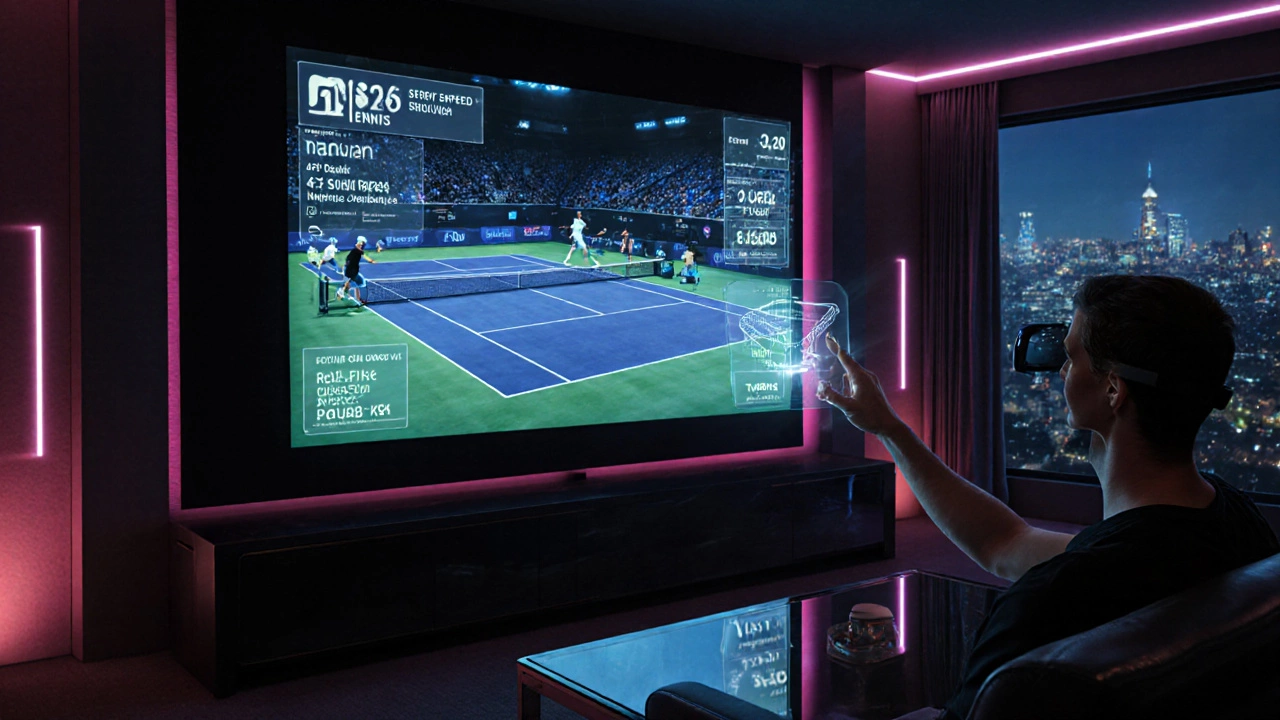 Futuristic holographic tennis match with interactive stats overlay.