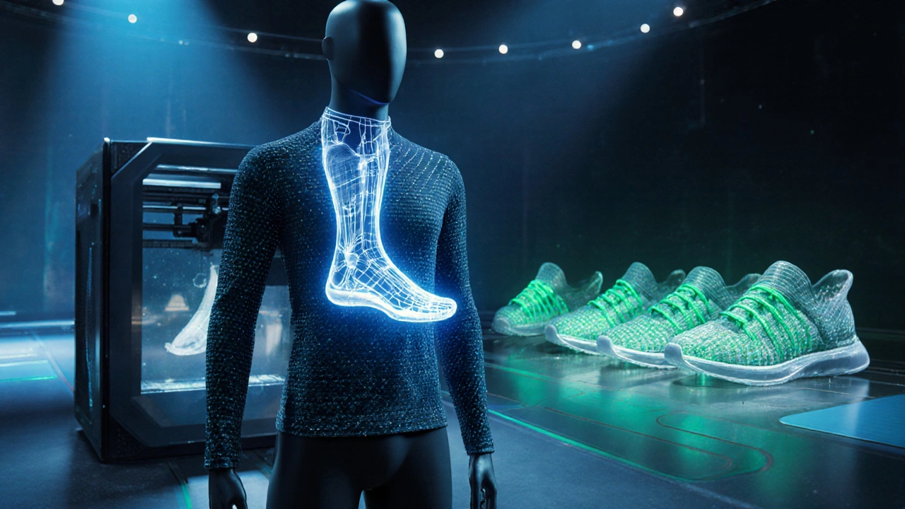 Futuristic lab with smart shirt, holographic shoe fit analysis, 3D‑printed midsole, and eco‑plastic cricket pads.