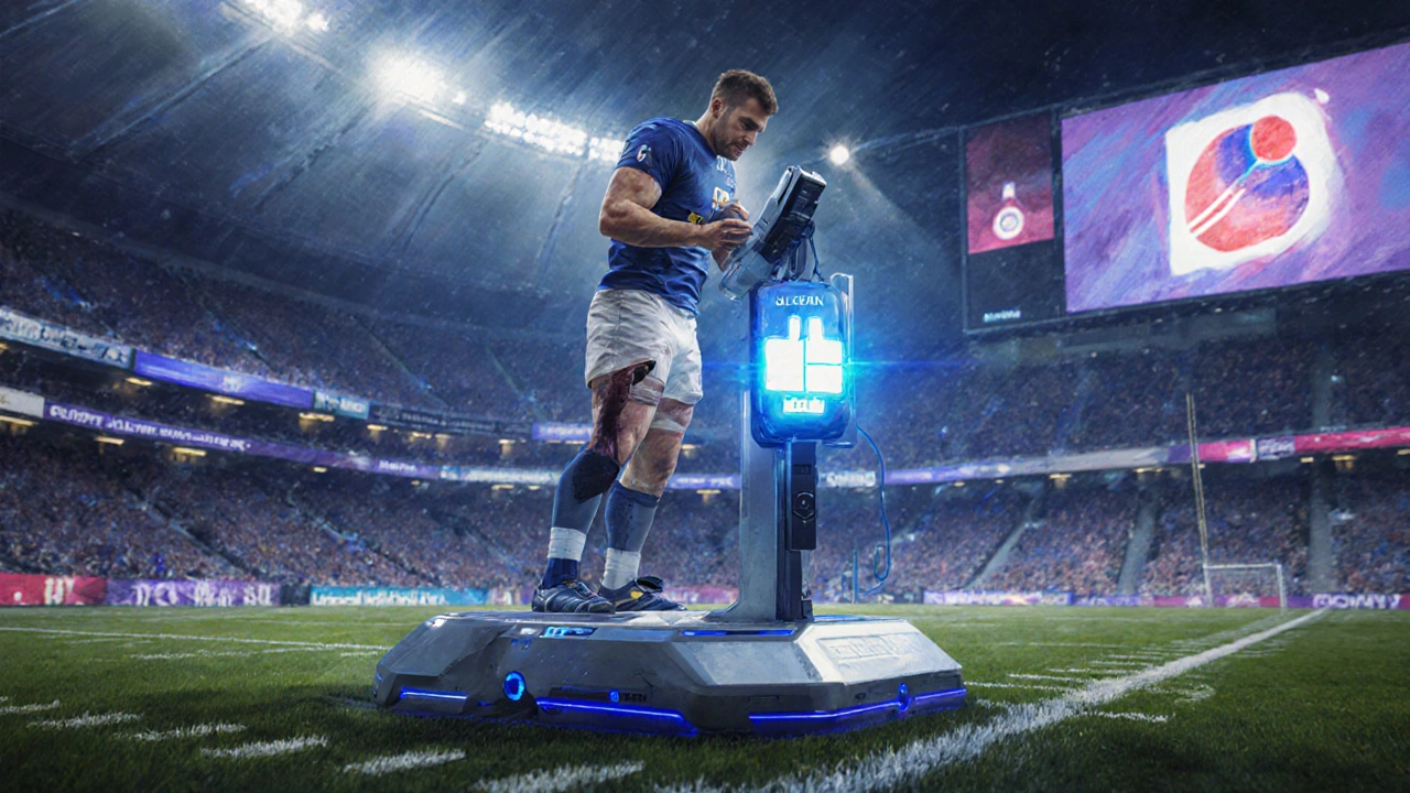 Futuristic scene of a rugby player on a high‑tech medical platform with a rapid‑scan device.