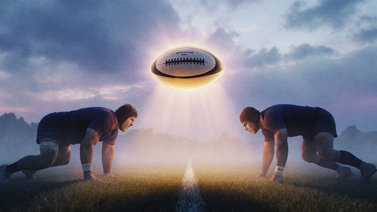 Glowing rugby ball above a twilight field, surrounded by silhouettes of scrum, ruck and tackle.