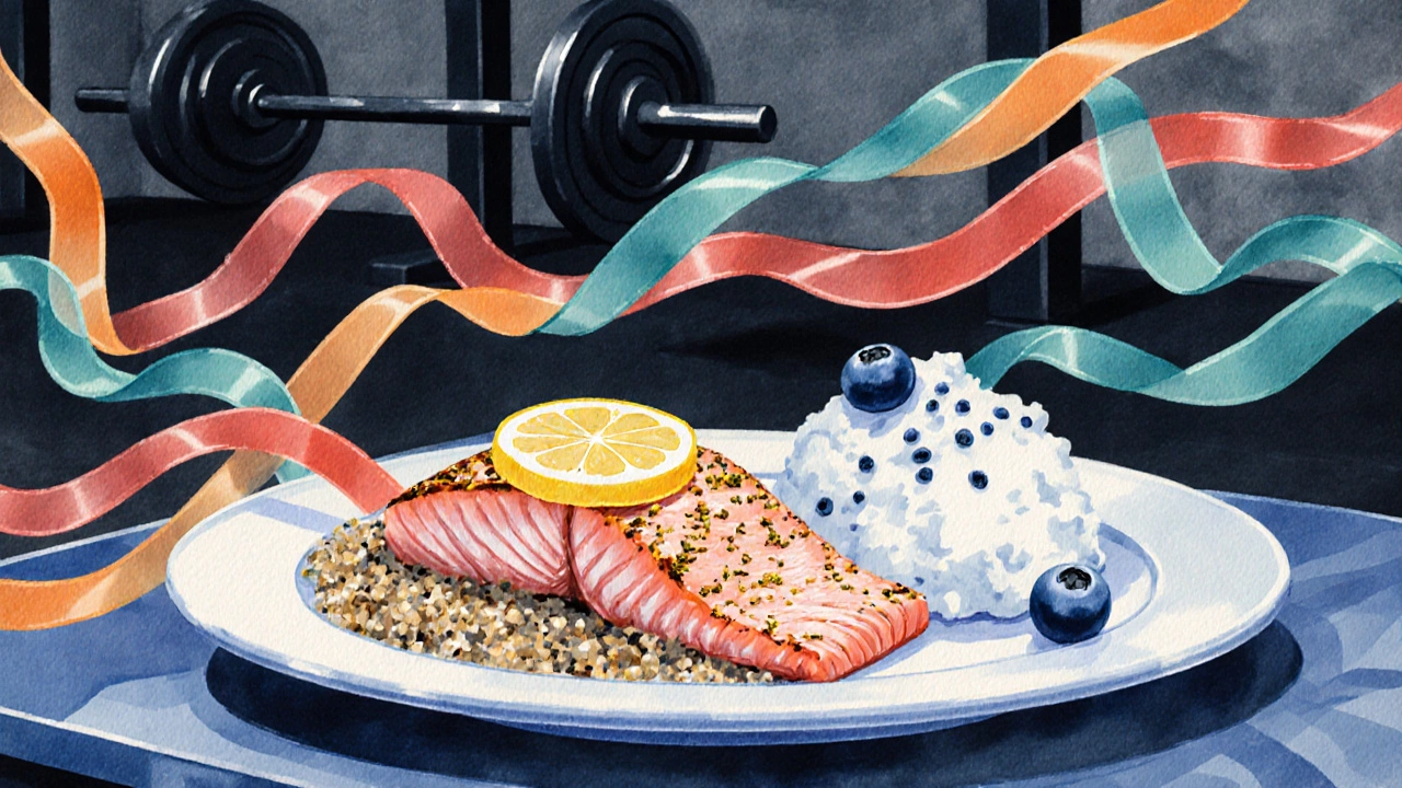 Illustrated plate of salmon, quinoa, Greek yogurt, and blueberries with artistic ribbons representing nutrients.