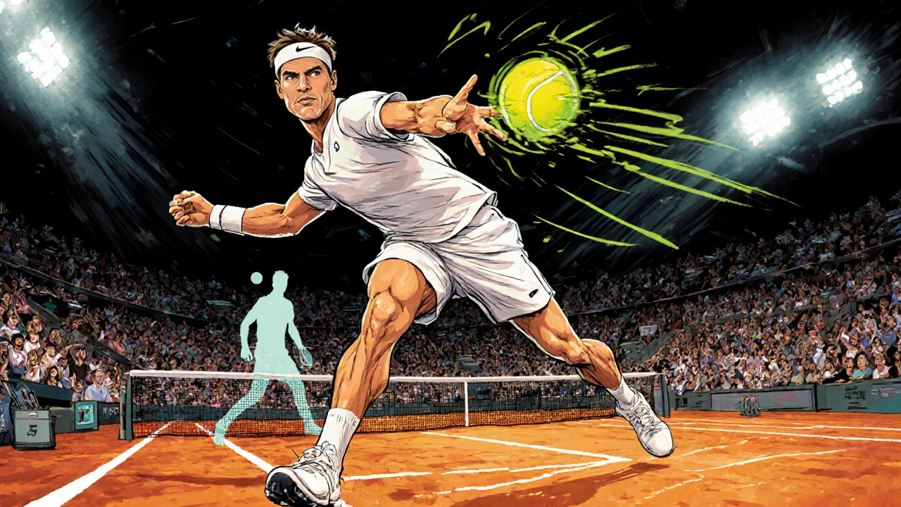 Illustrated player delivering a high‑speed serve with motion blur.