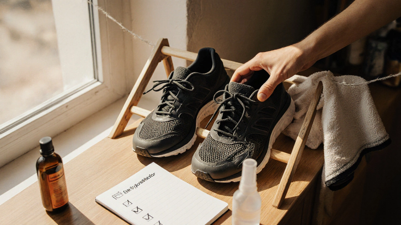 Indoor shoe rack with cheap and mid‑range shoes, hand rotating them, indicating care tips.