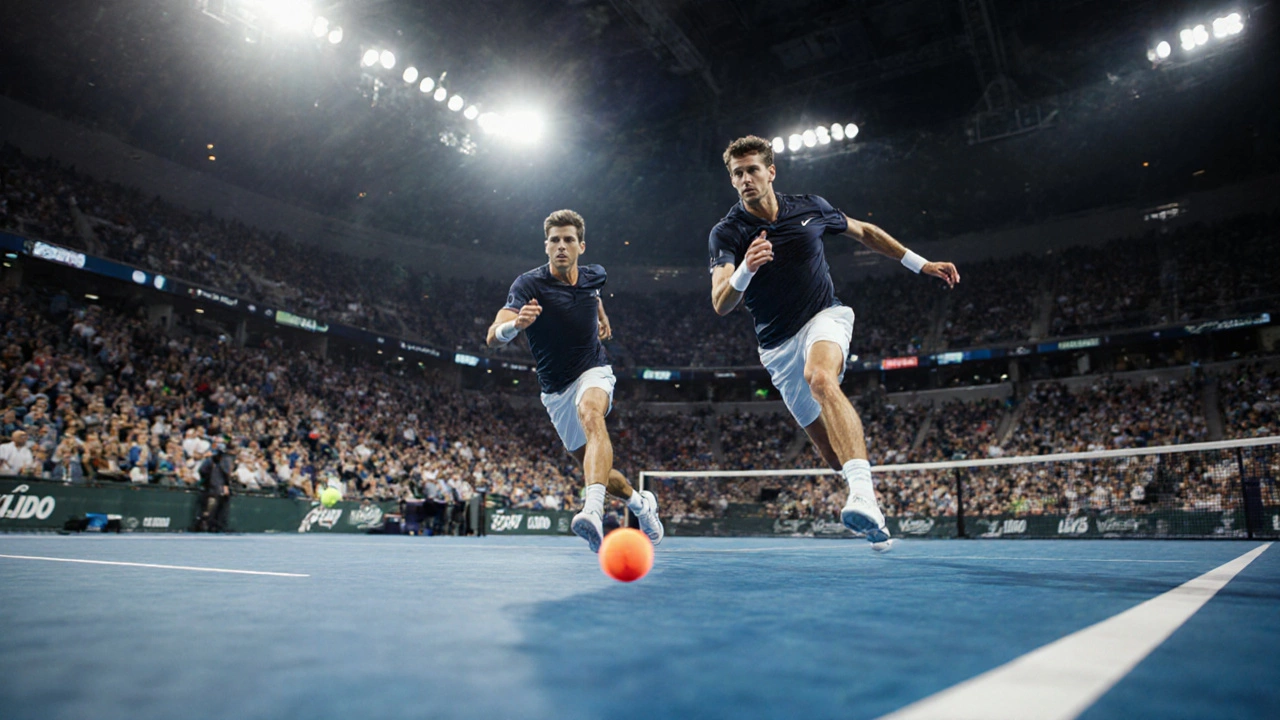 Inside PalaLido arena with two players competing on a bright court and a cheering crowd.