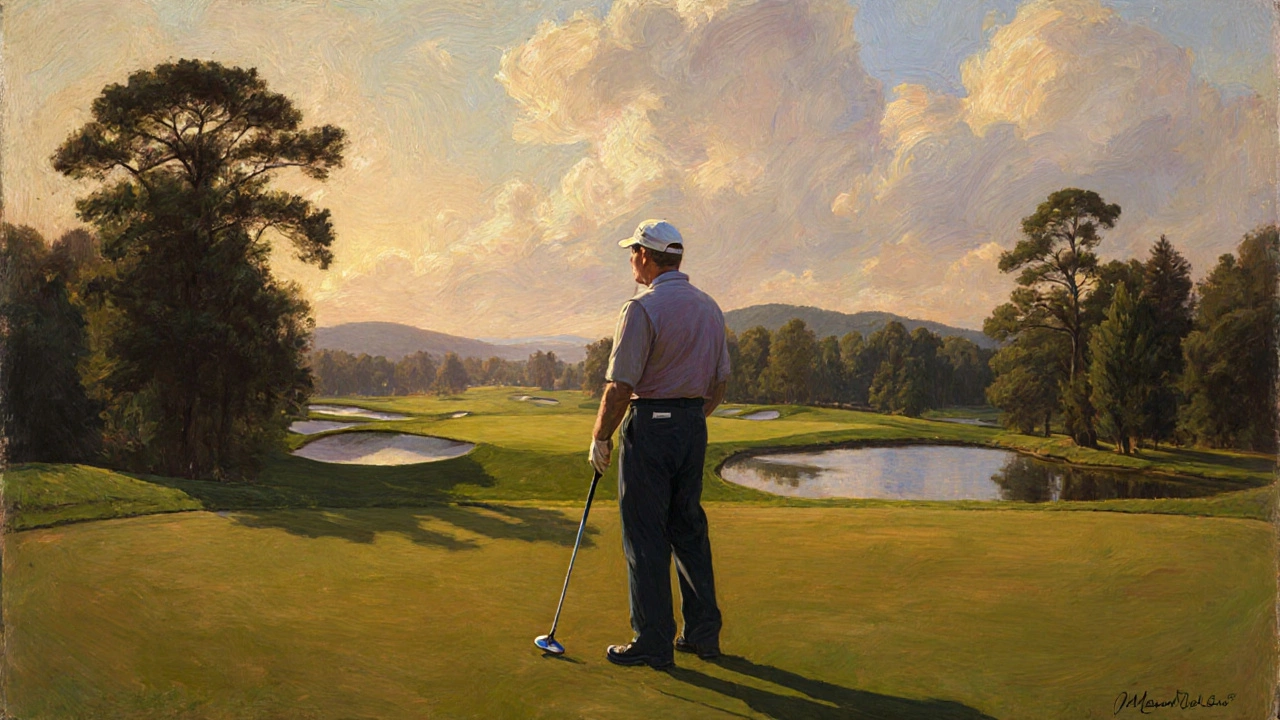 Jack Nicklaus standing on a course he designed, painted in classic oil style.