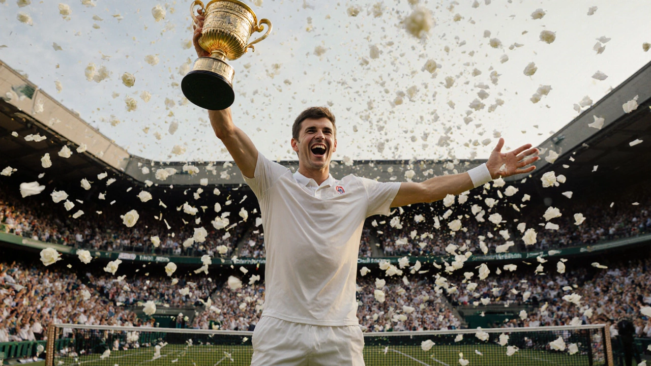 Jannik Sinner celebrating on Wimbledon grass courts with confetti of white roses.