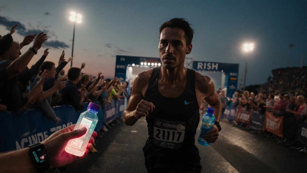 Marathon runner sprinting the last 2 km under twilight lights, smartwatch alert visible, gel in hand.