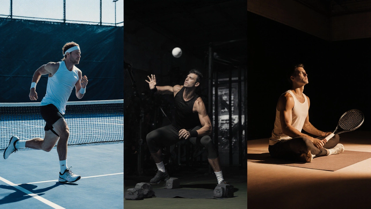 Montage of training: sprinting, weightlifting, and mental visualization.
