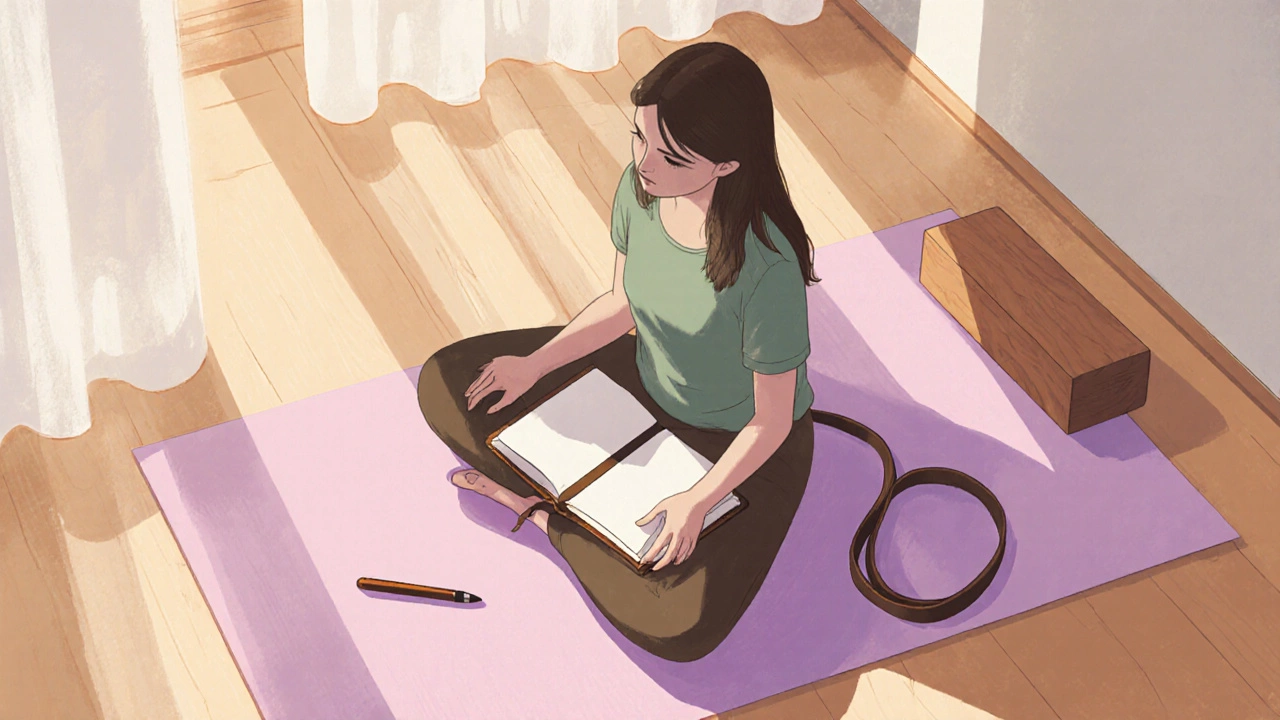 Pastel illustration of a yogi in Child&#039;s Pose with a journal, block, and warm lighting.
