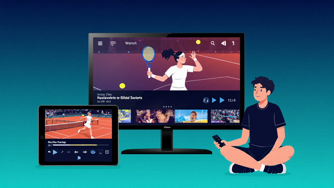 Phone, tablet, and TV each showing different tennis match footage.