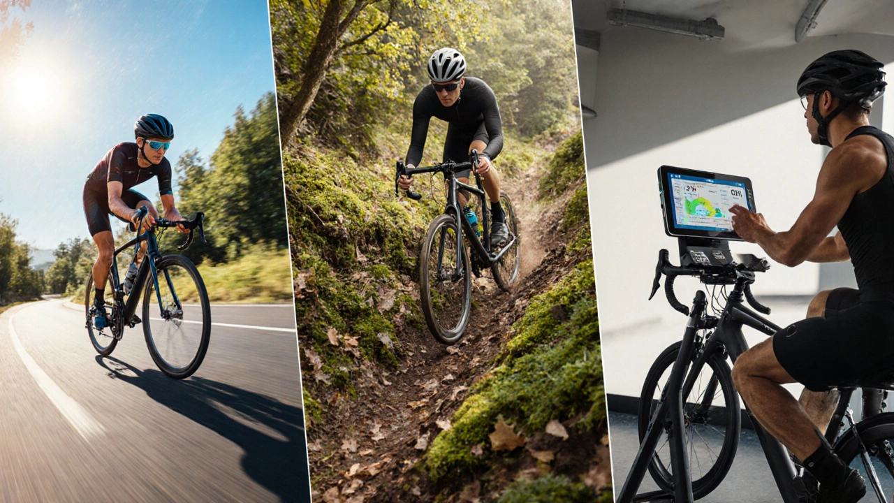 Road bike on road, mountain bike on trail, indoor trainer bike in gym studio.