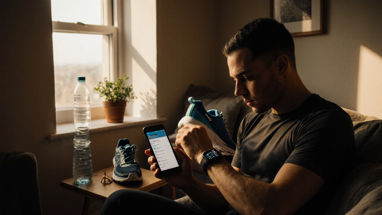 Runner checking mileage app while holding two Hoka shoes on shoe trees.