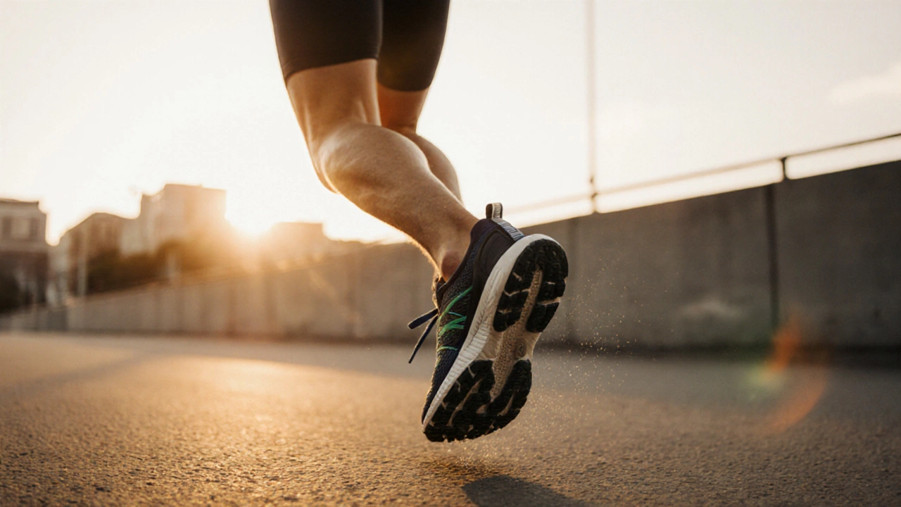 Runner on pavement wearing cheap shoes, showing worn outsole and possible strain.