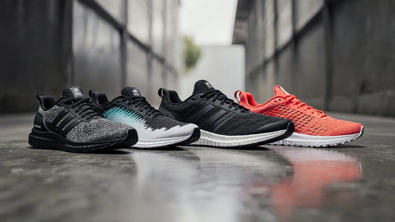 Seven distinct running shoes displayed on a concrete floor, each highlighting unique technology.