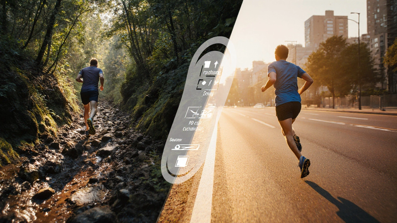 Split scene of a runner on a forest trail and another on a city road, illustrating shoe choices.