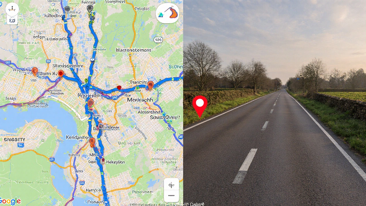 Split-screen: detailed bike network in Amsterdam vs. blank rural road with missing data tags in Ireland.