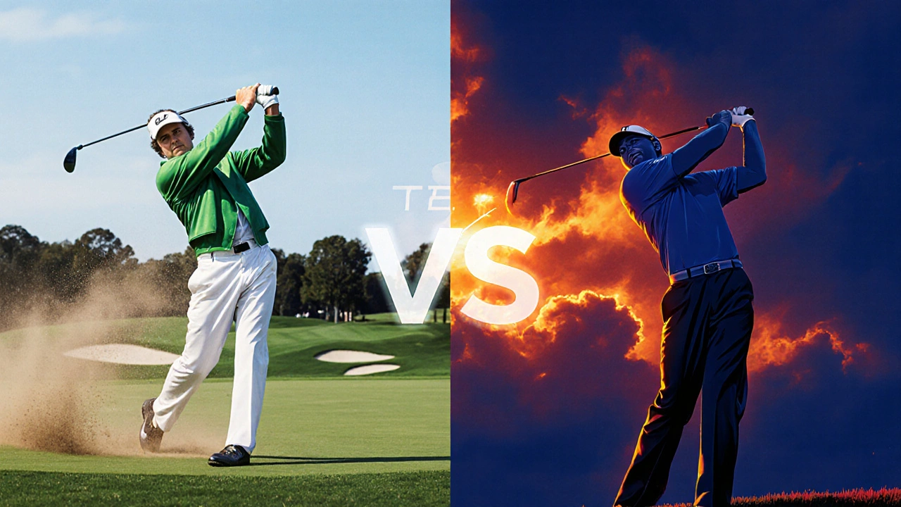 Split‑screen scene of Nicklaus swinging at the Masters and Woods celebrating a major win, with stats overlay.
