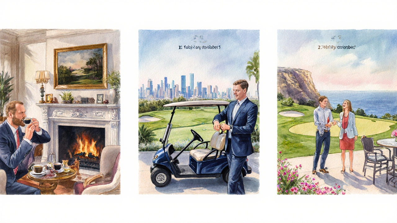 Three golfers represent full-play, weekday, and social memberships in a split‑scene illustration.