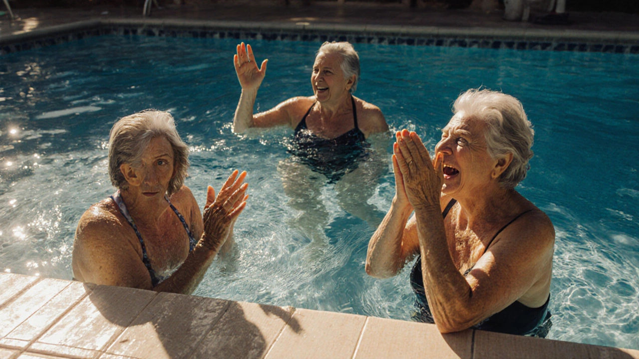 Three older adults celebrating in pool, one swimming full length, others cheering with joy.