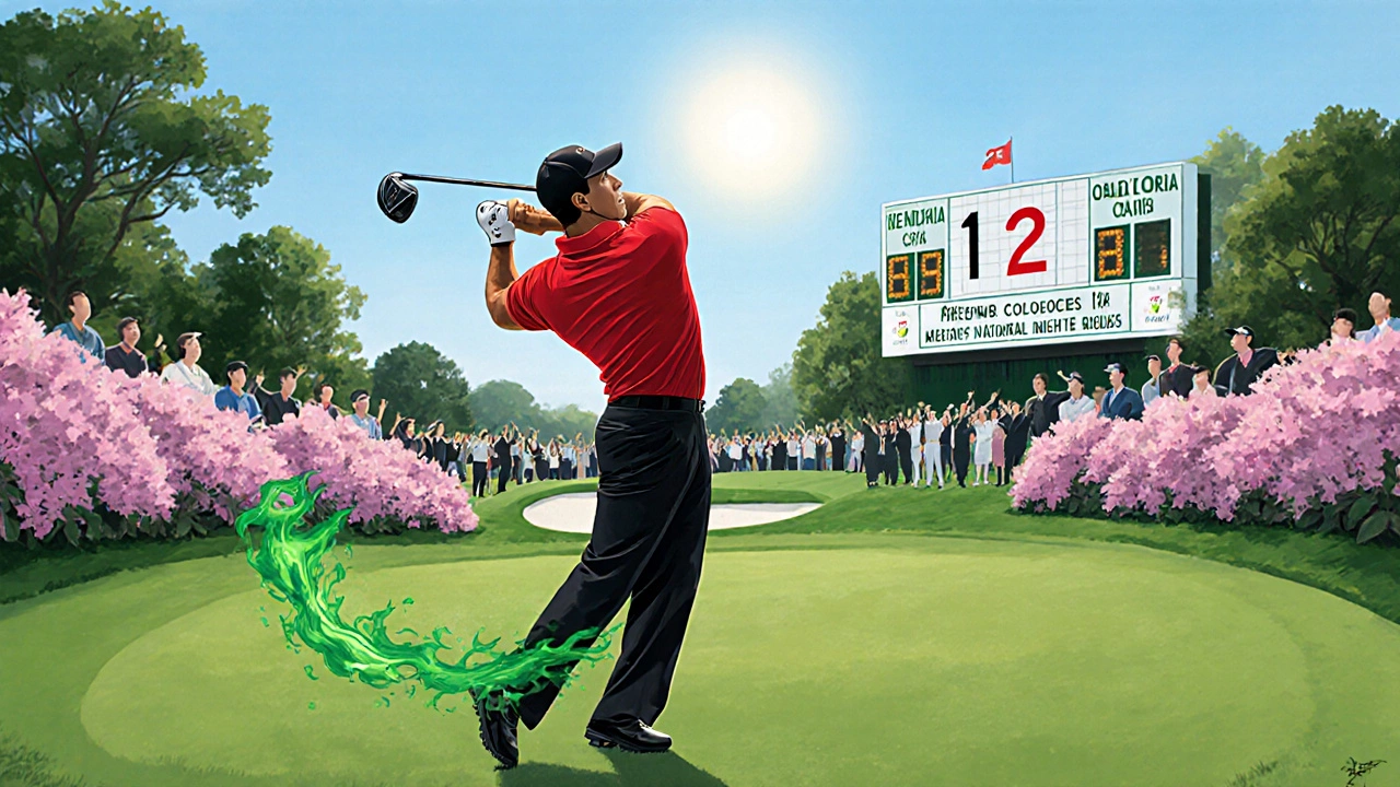 Tiger Woods mid‑swing celebrating his 1997 Masters win on the 18th green.