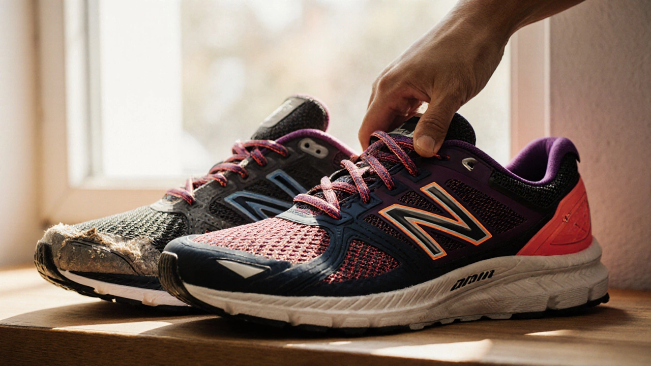 Two running shoes on a shelf: one worn, one new, with daylight highlighting them.