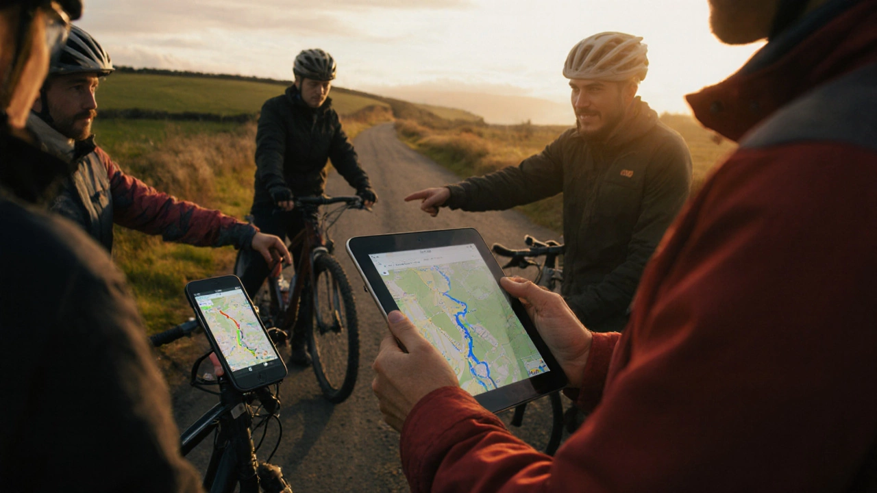 Volunteer mapping a trail on OpenStreetMap with local cyclists, Google Maps visible on a phone nearby.
