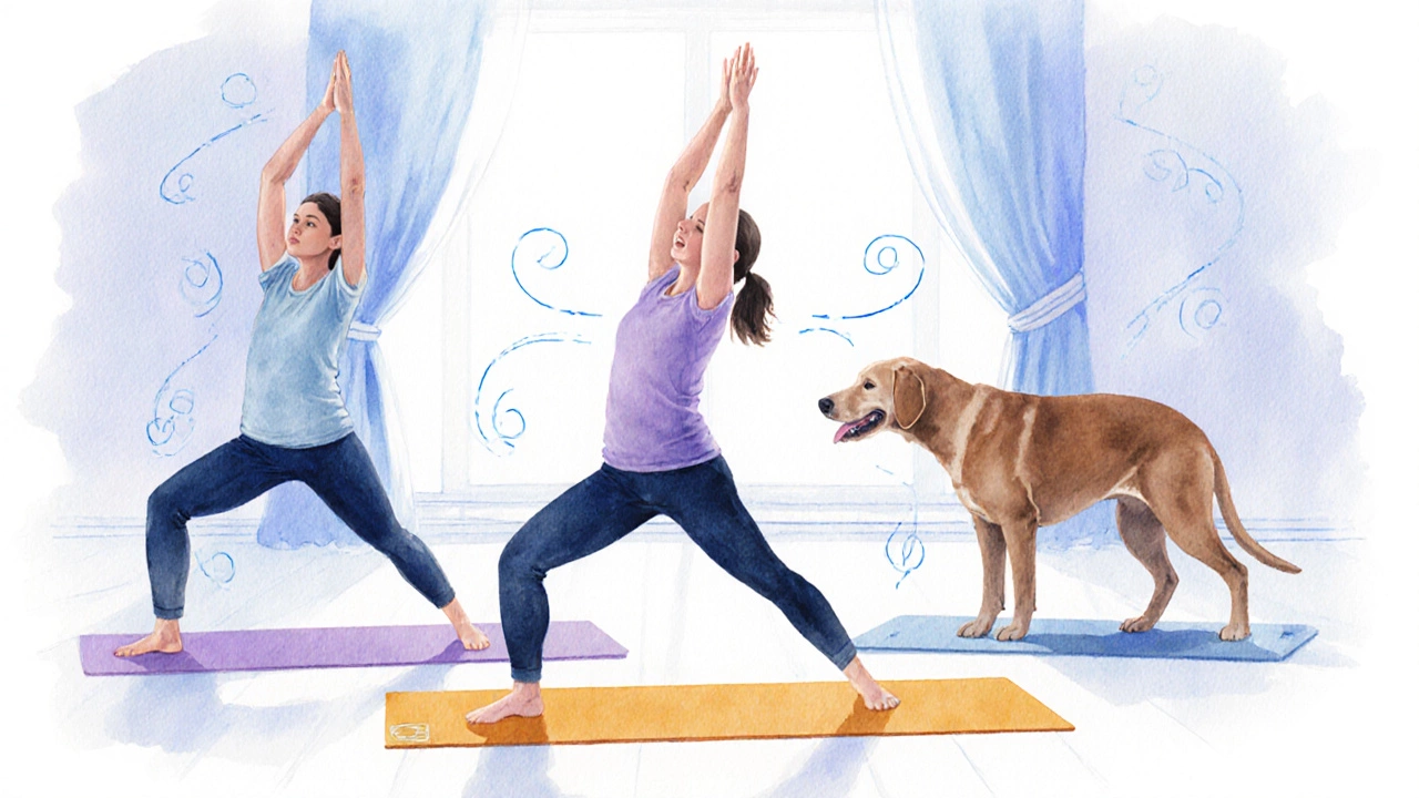 Watercolor of a beginner moving through Mountain Pose, Warrior II, and Downward Dog.