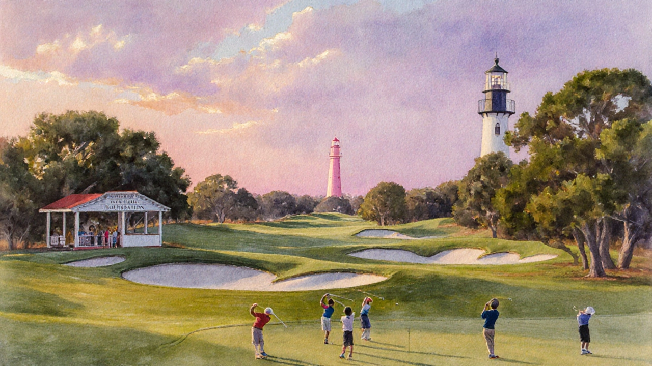 Watercolor of a Nicklaus‑designed course at sunset with children practicing near a foundation plaque.