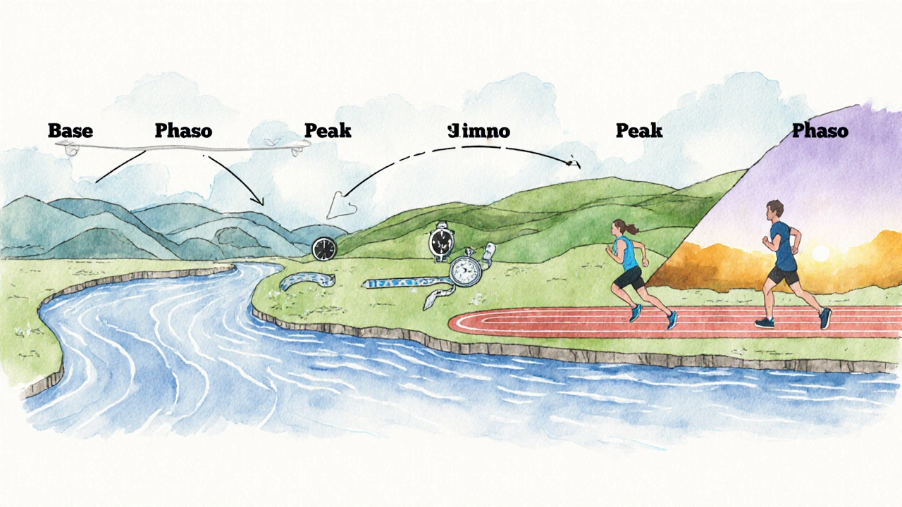 Watercolor scene of four training phases with hills, track, and symbols for mileage and heart rate.