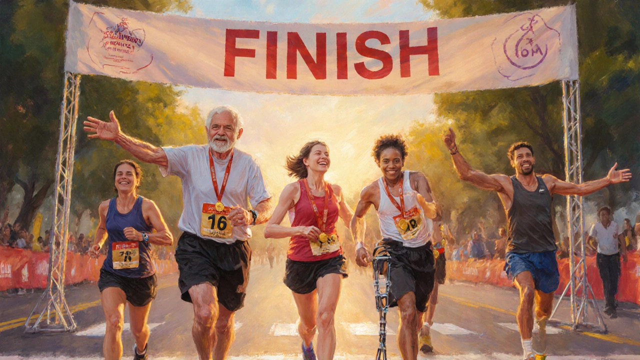 A diverse group of marathon finishers cross the line together, celebrating perseverance over speed.