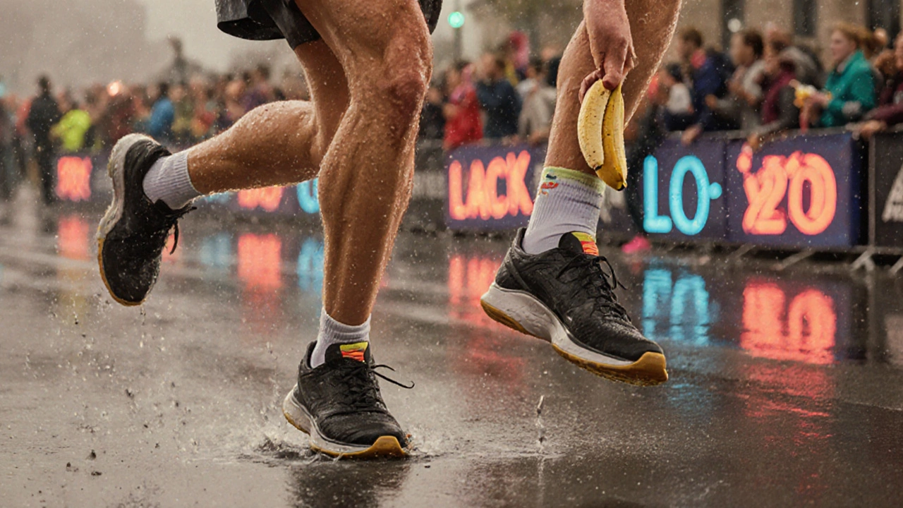 A runner at mile 20 uses a run-walk strategy, rain glistening on the road as they push forward with determination.