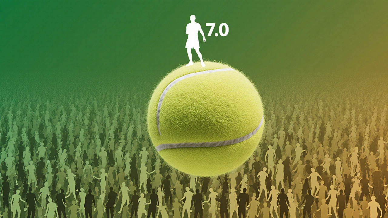 A single elite player silhouetted above a sea of smaller figures, symbolizing top 0.3% of adult tennis players.