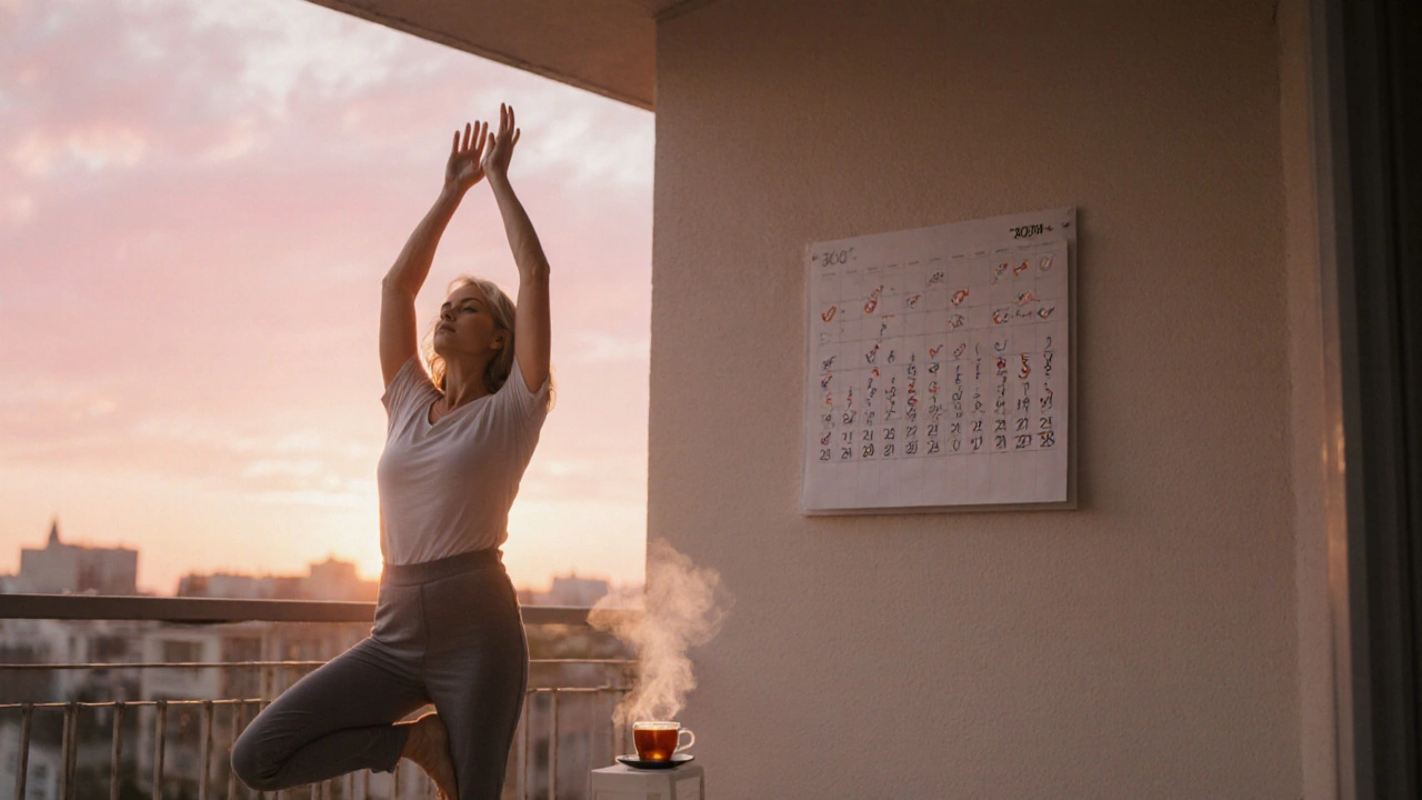 A woman in sunrise yoga on her balcony, surrounded by checkmarked calendar days of consistency.