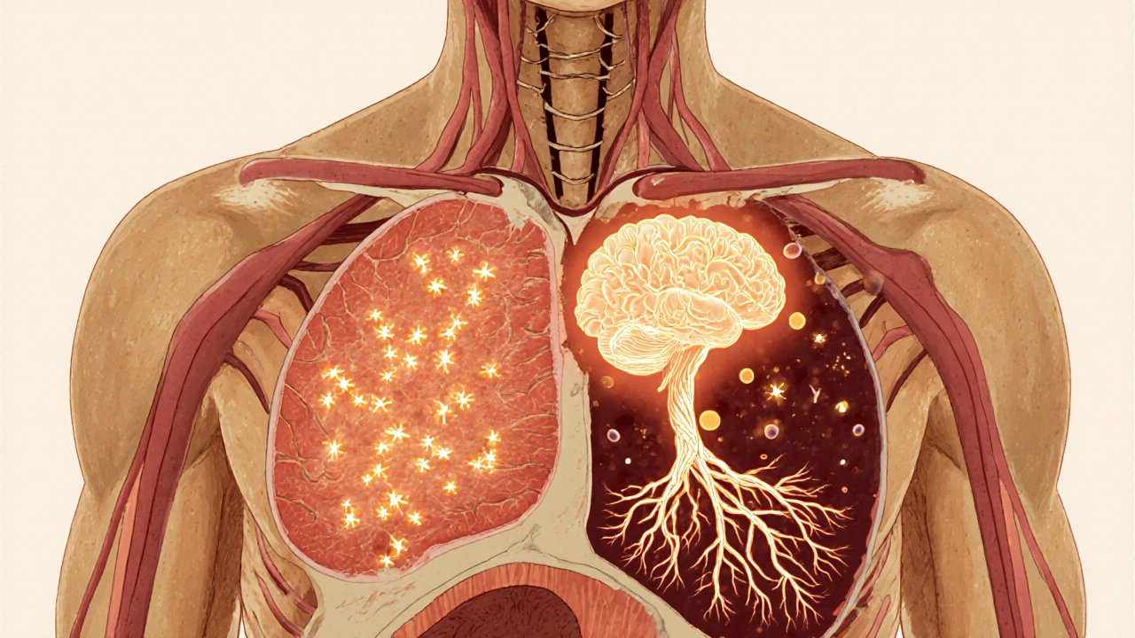 Cross-section of a human body showing enhanced mitochondria and blood vessels from daily exercise.