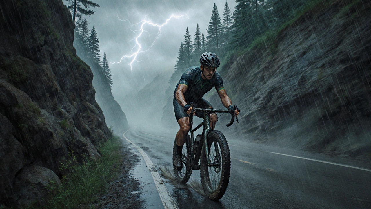 Cyclist on a narrow mountain road in Oaxaca during a storm with steep cliffs nearby.