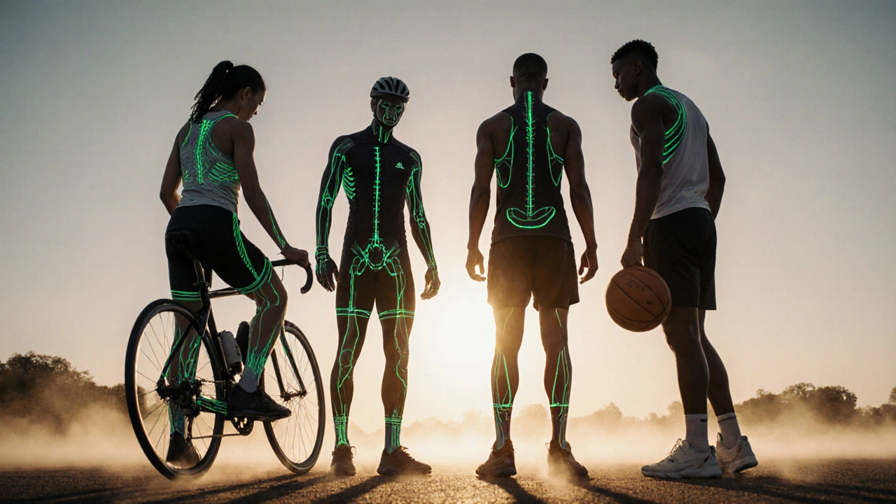 Diverse athletes at dawn looking at their feet, with glowing alignment lines tracing their posture.