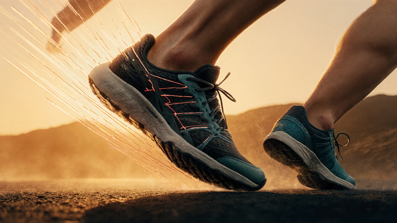 Foot sliding in oversized running shoe with heel slippage and toe impact.