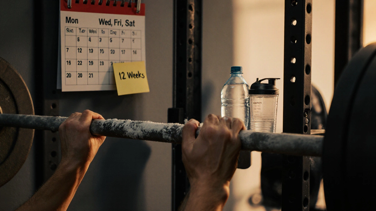 Hands placing a barbell on a rack after a deadlift, with a marked calendar in the background.